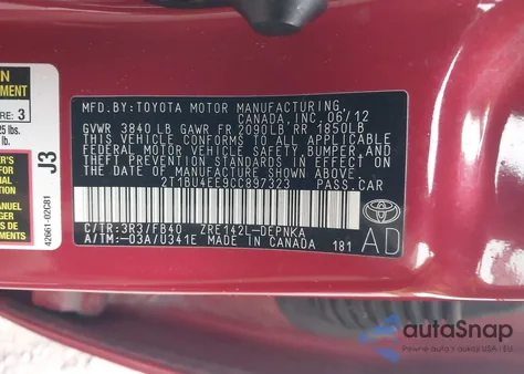 2012 Toyota Corolla Le from USA, damaged, VIN 2T1BU4EE9CC897323